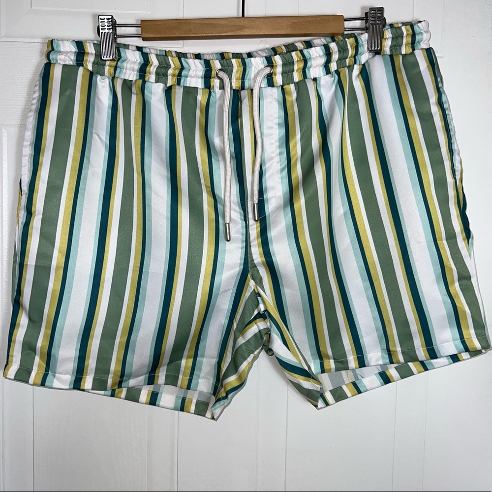 Mid Length Khaki Stripe Swim Shorts